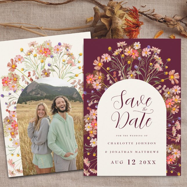 Reserve A Data Casamento de Flor Selvagem Russo com Arch Boho Fal (Photo arch Boho fall rustic wildflower floral wedding save the date invitation Burgundy ivory cream)