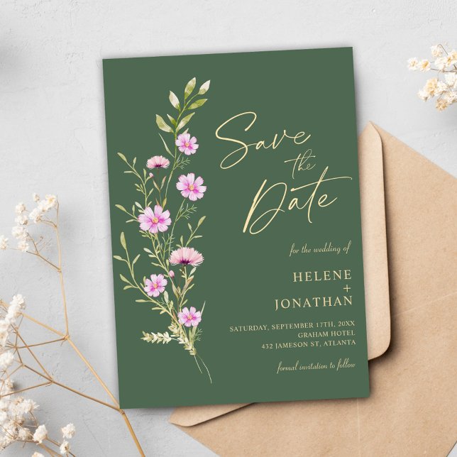 Reserve A Data Casamento de Flor Selvagem Russo Moderno Verde (Green Modern Rustic Elegant Wildflower Wedding Save The Date)