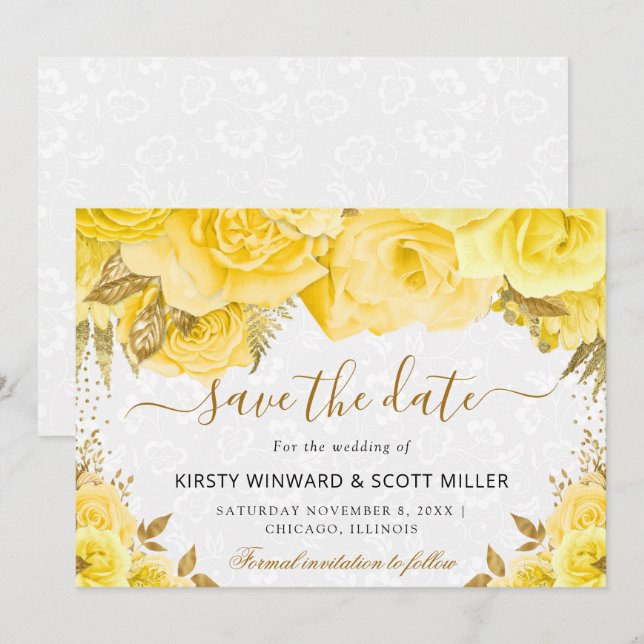 Reserve A Data Casamento de Flores Amarelas e Douradas em Aquarel (Frente/Verso)