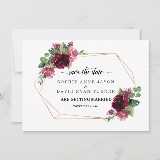 Reserve A Data Casamento de Flores Burgundy Elegantes Moldura Dou (Frente)