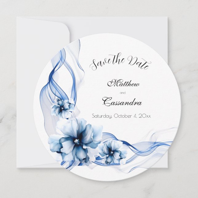 Reserve A Data Casamento de Flores de Marinho Azul Elegante Dusty (Frente)