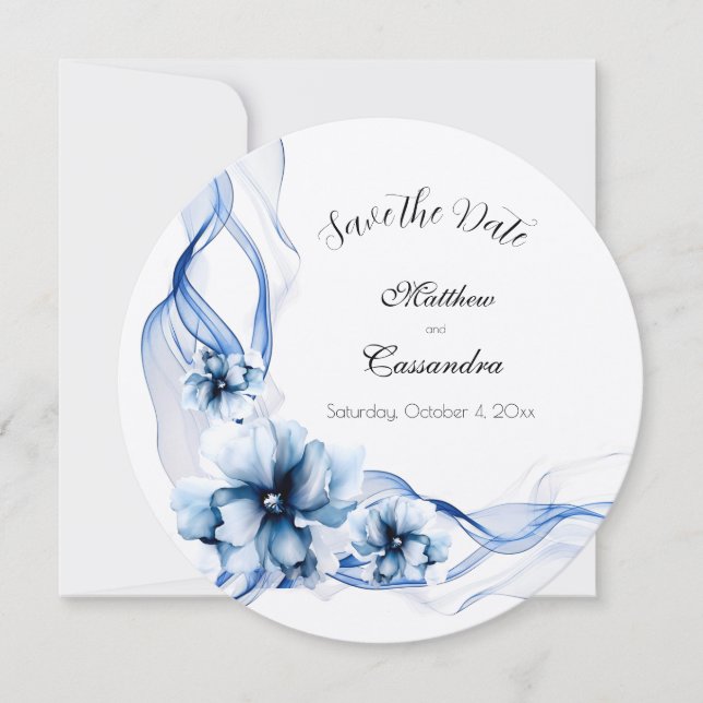 Reserve A Data Casamento de Flores de Marinho Azul Elegante Dusty (Frente)