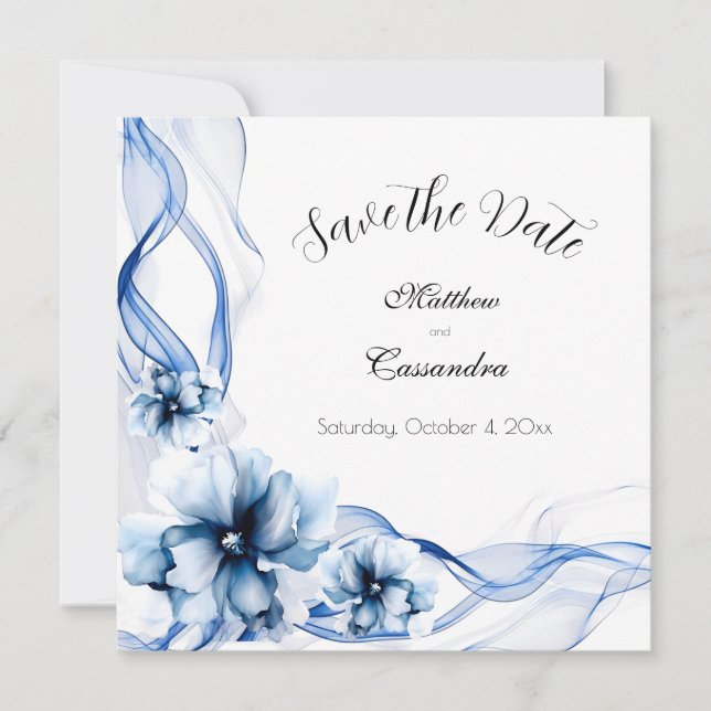 Reserve A Data Casamento de Flores de Marinho Azul Elegante Dusty (Frente)