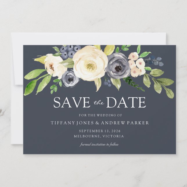 Reserve A Data Casamento de flores de Marinho e aquarela brancas (Frente)