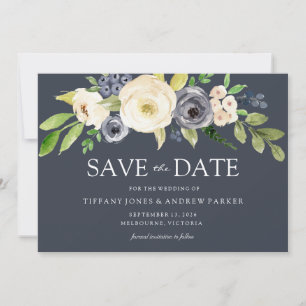 Reserve A Data Casamento de flores de Marinho e aquarela brancas