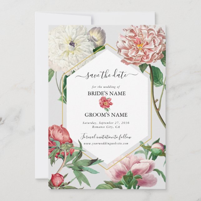 Reserve A Data Casamento de Flores de Peônias Brancas Rosa Aquare (Frente)