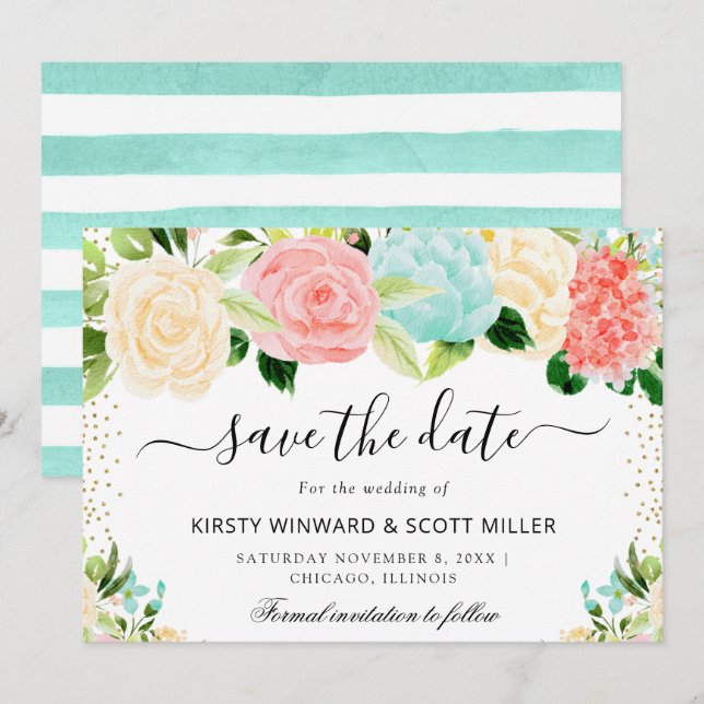 Reserve A Data Casamento de Flores de Verão Rosa e Menta (Frente/Verso)