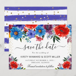 Reserve A Data Casamento de Flores de Verão Vermelhas e Azuis