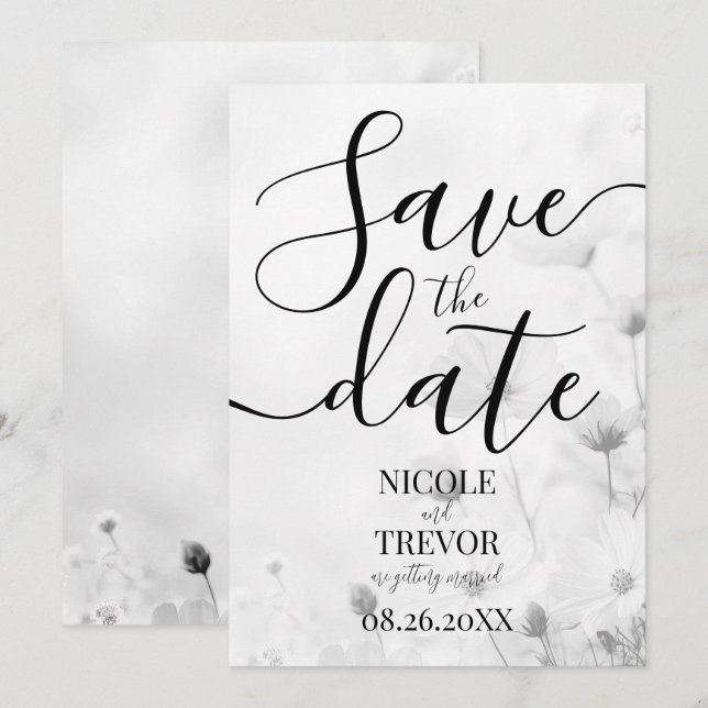 Reserve A Data Casamento de Flores Pequenas em Preto e Branco Per (Frente/Verso)