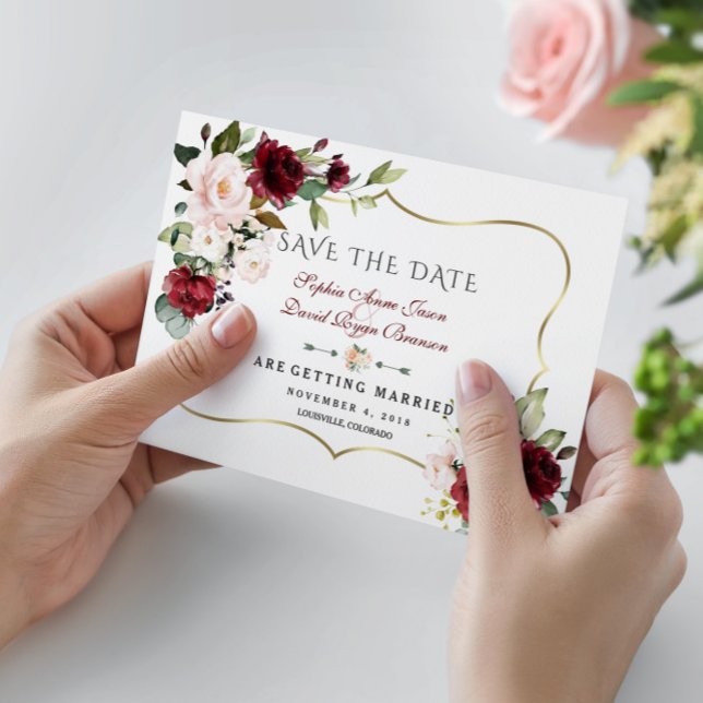 Reserve A Data Casamento de Flores Rosa Borgonha Elegantes Moldur (Criador carregado)