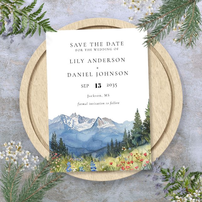 Reserve A Data Casamento de Flores Selvagem Moderna das Montanhas (Modern Watercolor Mountain Wildflower Wedding Save The Date)