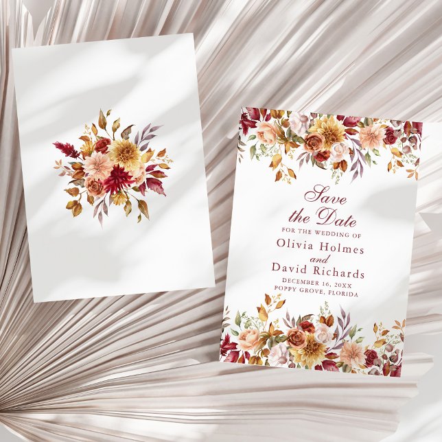 Reserve A Data Casamento de Flores Selvagens de Laranja Queimado  (Modern Burnt Orange Terracotta Wildflowers Wedding Save The Date on a sunny neutral dry palm leaf.)