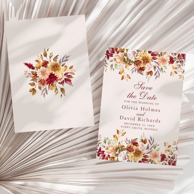 Reserve A Data Casamento de Flores Selvagens de Laranja Queimado  (Modern Burnt Orange Terracotta Wildflowers Wedding Save The Date on a sunny dry palm leaf.)