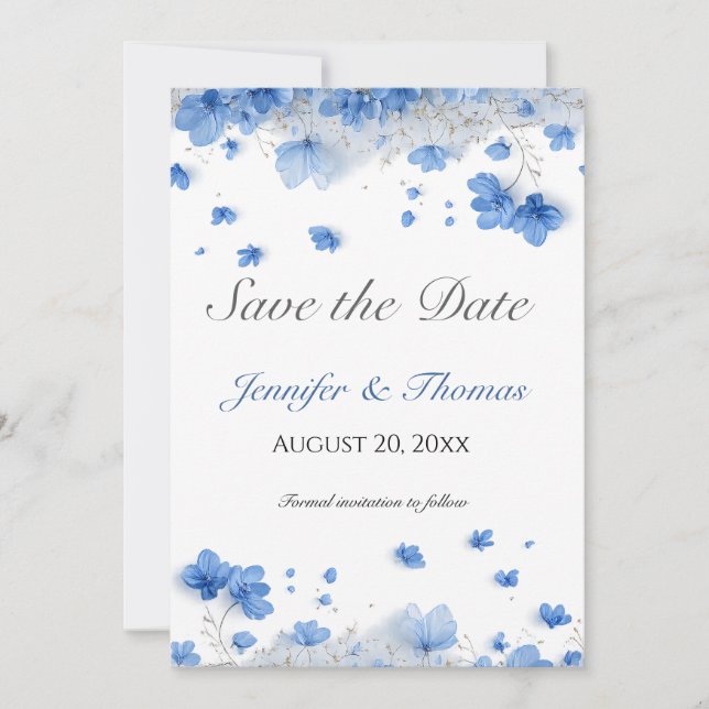 Reserve A Data Casamento de Flores Silvestres Azuis Suaves Modern (Frente)