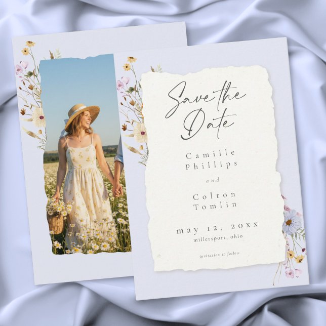 Reserve A Data Casamento de Flores Silvestres Azul Rústico Românt (Rustic Blue Romantic Wildflower Wedding Photo Save The Date)