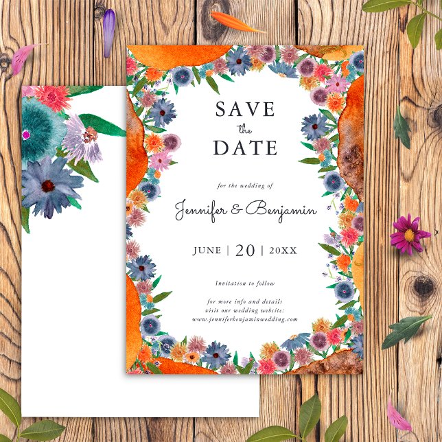Reserve A Data Casamento de Flores Silvestres Boho Chic em Aquare (Front/Back)