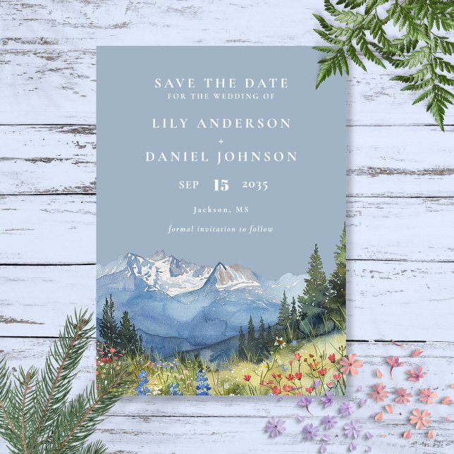Reserve A Data Casamento de Flores Silvestres de Montanha em Aqua (Dusty Blue Watercolor Mountain Wildflower Wedding Save The Date)