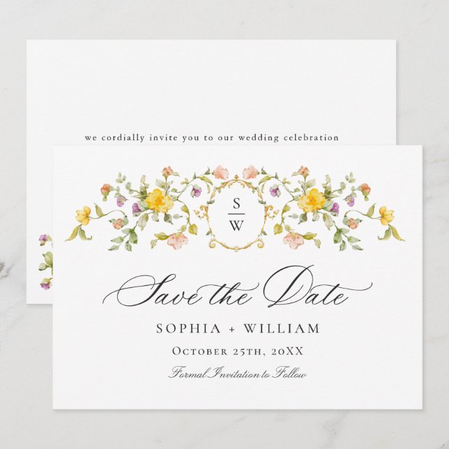 Reserve A Data Casamento de Flores Silvestres de Prado em Aquarel (Frente/Verso)
