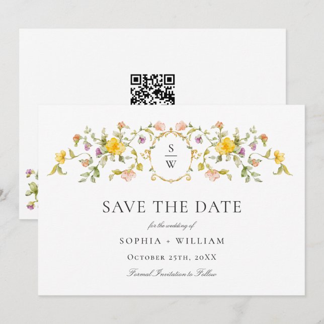 Reserve A Data Casamento de Flores Silvestres de Prado em Aquarel (Frente/Verso)