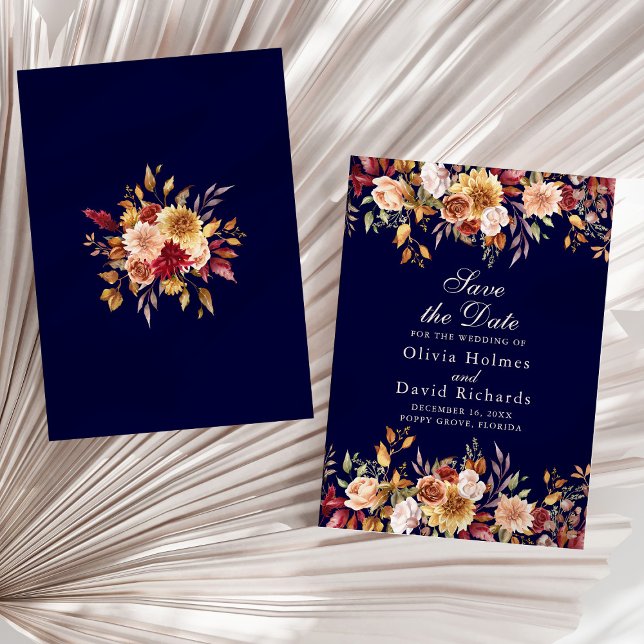 Reserve A Data Casamento de Flores Silvestres Laranja Queimada Az (Modern Navy Blue Burnt Orange Wildflowers Wedding Save The Date on a sunny neutral dry palm leaf.)
