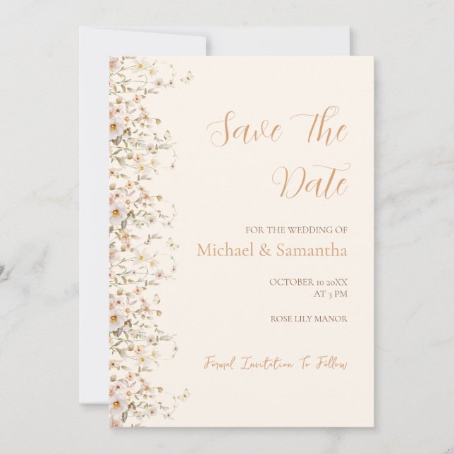 Reserve A Data Casamento de Flores Silvestres Marfim e Bege Rosad (Frente)