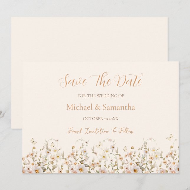 Reserve A Data Casamento de Flores Silvestres Marfim e Bege Rosad (Frente/Verso)