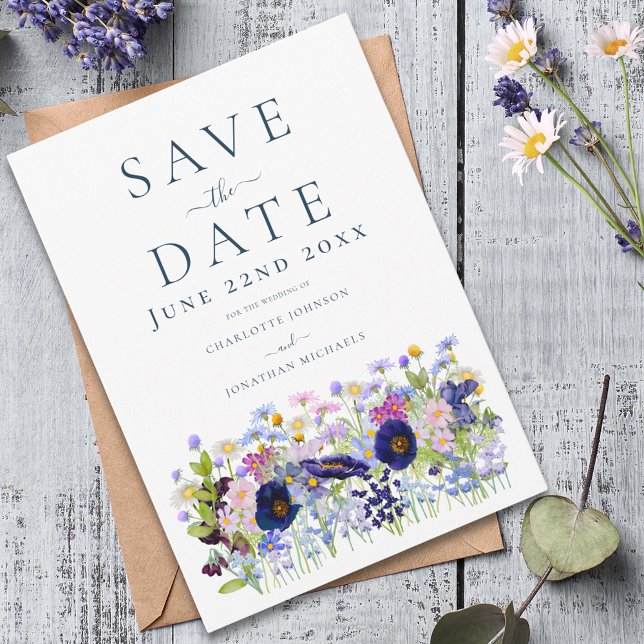 Reserve A Data Casamento de Flores Silvestres Modernas (Colorful wildflower meadow blue wedding save the date invitation )