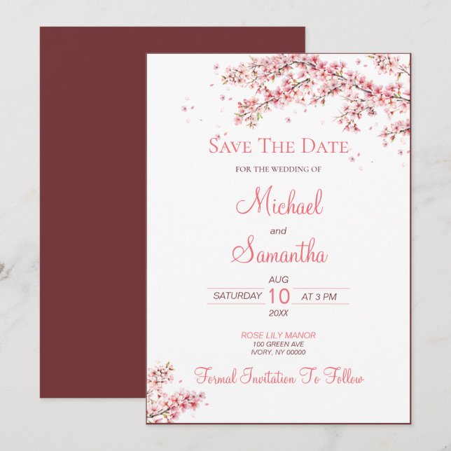 Reserve A Data Casamento de Floresta de Cereja Elegante (Frente/Verso)