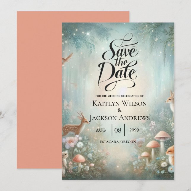 Reserve A Data Casamento de Floresta Encantada de Teal e Peach (Frente/Verso)