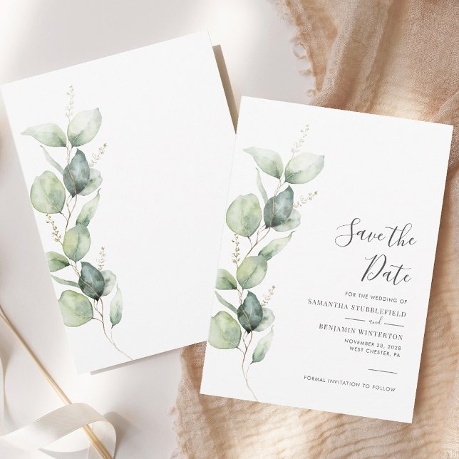 Reserve A Data Casamento de Folhagem Verde Eucalipto Script (Eucalyptus Greenery Foliage Script Wedding Save The Date)