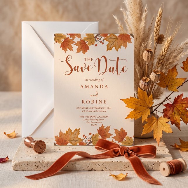 Reserve A Data Casamento de Folhas de Bordo de Outono Elegante (Criador carregado)