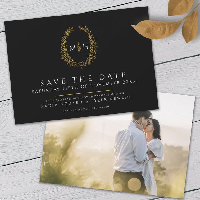 Reserve A Data Casamento de folhas de ouro branco preto (Criador carregado)