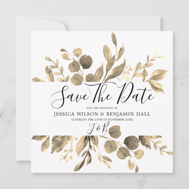 Reserve A Data Casamento de Folhas do Jardim Dourado Moderno (Frente)