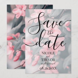 Reserve A Data Casamento de Folhas Verdes Flores Cor-de-Rosa Pers