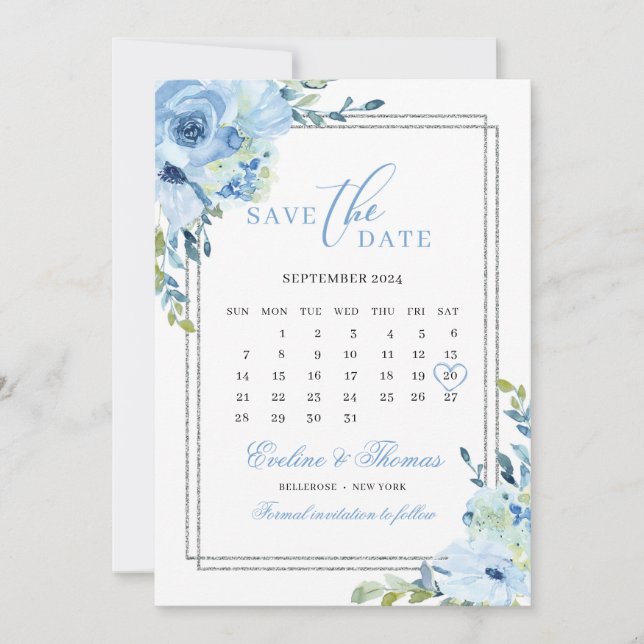 Reserve A Data Casamento de folhetos de prata floral azul-poeiren (Frente)