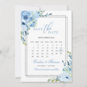 Reserve A Data Casamento de folhetos de prata floral azul-poeiren