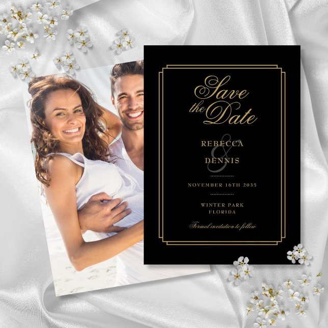 Reserve A Data Casamento de Foto Art Déco em Preto e Dourado (Tropical Beach Wedding Stationery Collection)