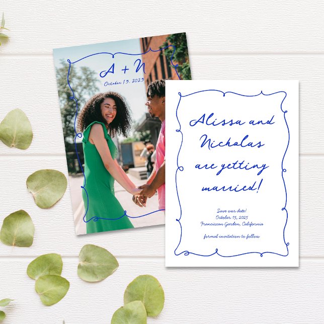 Reserve A Data Casamento de Foto Azul Brilhante e Desenhada à Mão (Criador carregado)