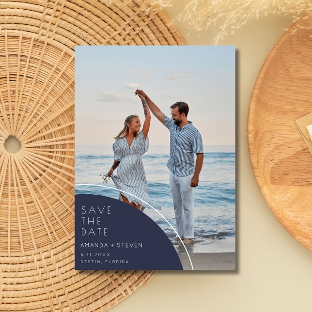 Reserve A Data Casamento de Foto Azul do Marinho Elegante Salvar  (Elegant Navy Blue Photo Wedding Save The Date)