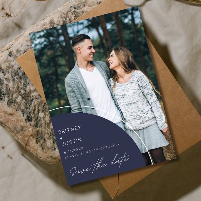 Reserve A Data Casamento de Foto Azul Moderno Elegante (Modern Photo Wedding save the dates  )