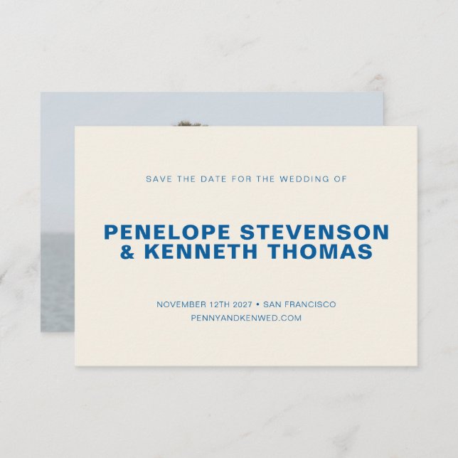 Reserve A Data Casamento de Foto Azul Simples Cobalt (Frente/Verso)