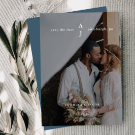 Reserve A Data Casamento de Foto Azul Simples Dusty Monograma