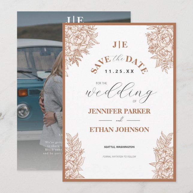 Reserve A Data Casamento de Foto Botânica Elegante Boho Peony (Frente/Verso)