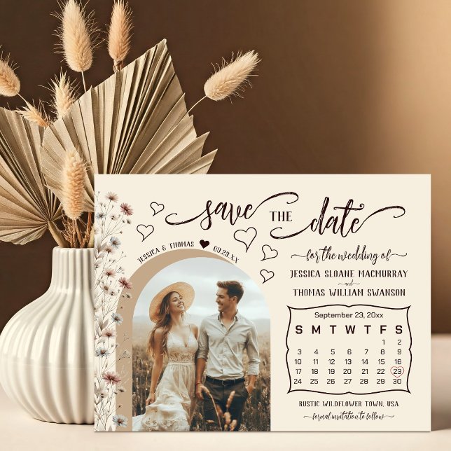 Reserve A Data Casamento de Foto & Calendário de Boho Rústico com (Criador carregado)
