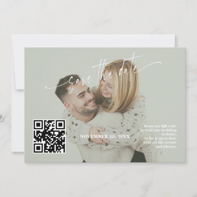Reserve A Data Casamento de Foto Código QR Caligrafia Verde Salvi (Frente)