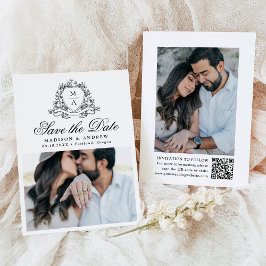 Reserve A Data Casamento de Foto com Brasão Floral Preto Elegante