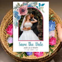 Casamento de Foto com Código QR Floral Azul e Rosa