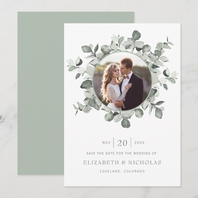 Reserve A Data Casamento de Foto com Eucalipto Salvar Data (Frente/Verso)