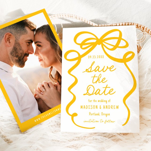 Reserve A Data Casamento de Foto com Laço Amarelo Ousado Moderno (Criador carregado)