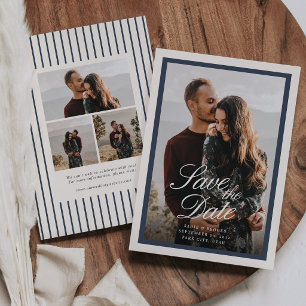 Reserve A Data Casamento de Foto com Letra Clássica Azul Marinho